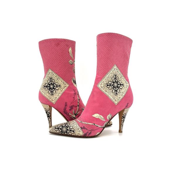 Roberto Cavalli Pink Patchwork Floral Print Pointed Toe Heeled Boots 38 - Picture 2 of 9
